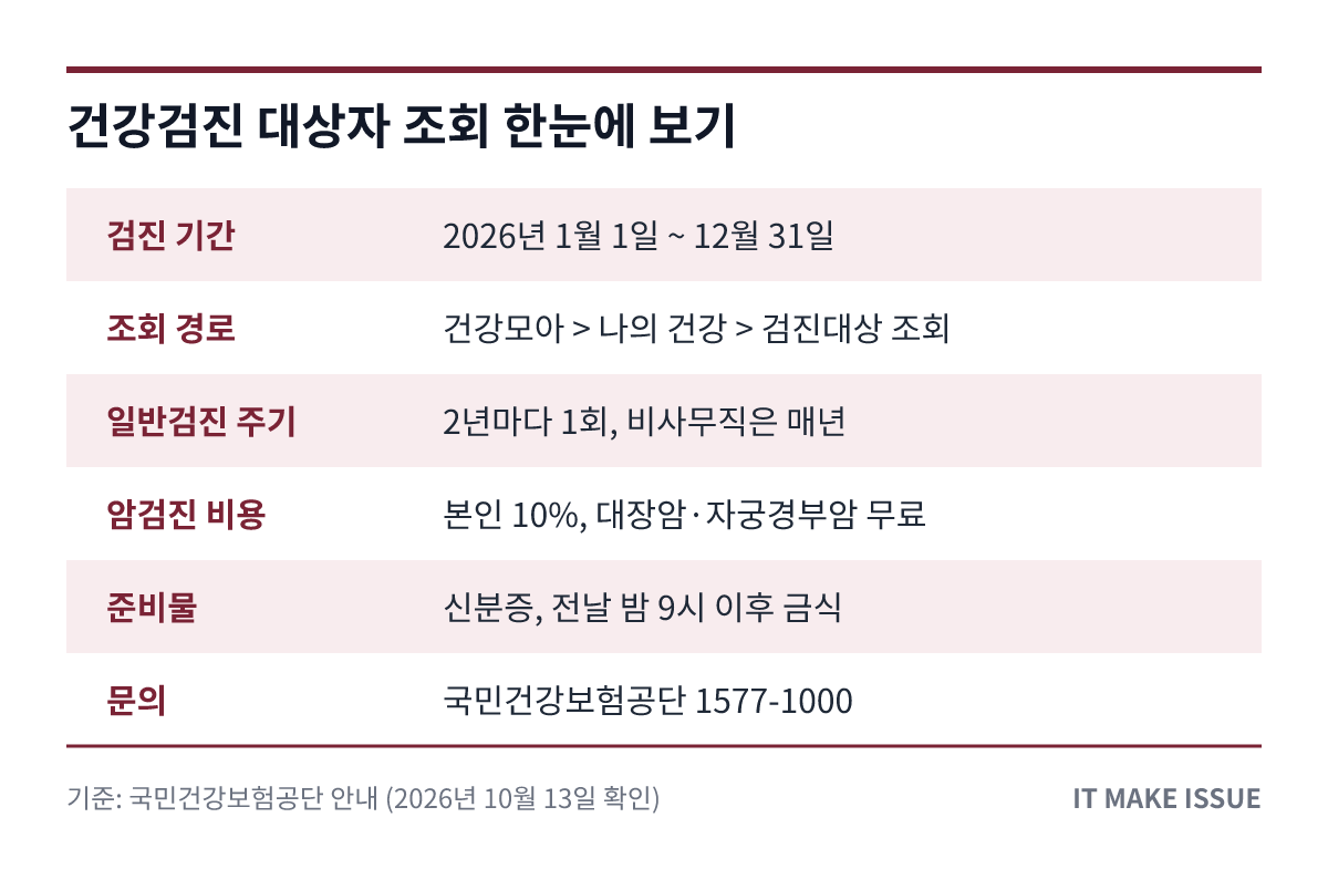 건강검진 대상자 조회 핵심 정보 요약 표 - 검진 기간·조회 경로·비용·준비물