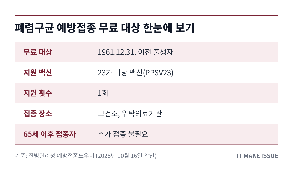 폐렴구균 예방접종 무료 대상 핵심 정보 요약 표 - 대상·백신·장소