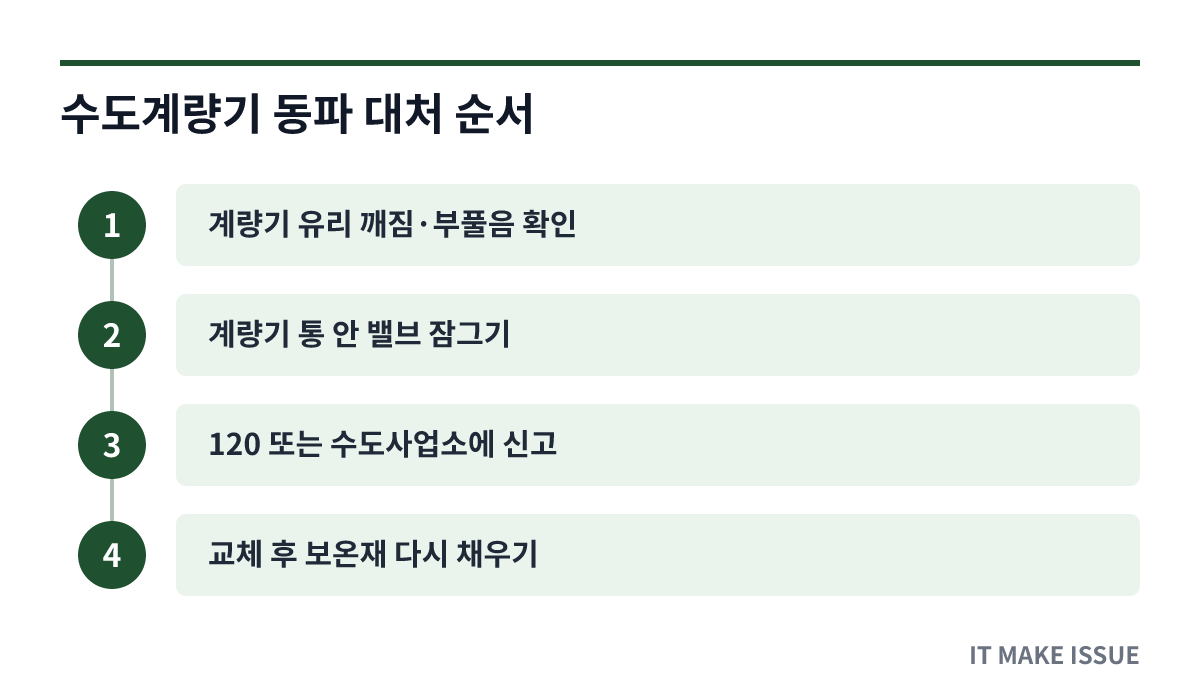 수도계량기 동파 대처 순서 - 확인부터 신고, 교체 후 보온까지 단계별 절차